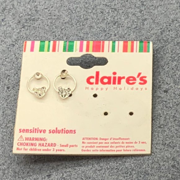 Claire's Rhinestone Pierced Earrings Heart Hoop Silver Sensitive Solutions - Picture 2 of 4